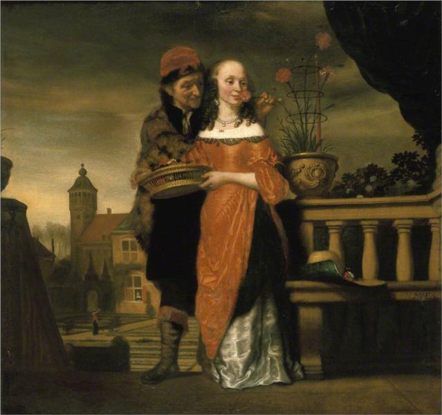 A Man holding a Carnation to a Woman's Nose. An Allegory of the Sense of Smell, 1660 - Ніколас Мас