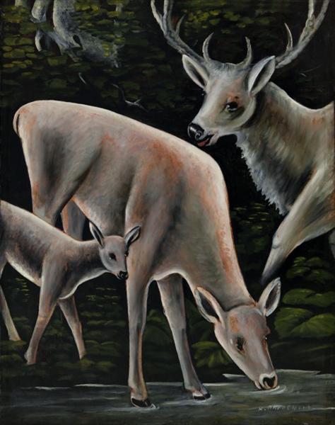 Deer family at waterhole - Niko Pirosmani
