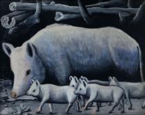 Біла свиня з поросятами - Ніко Піросмані