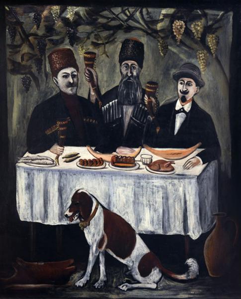 The feast in a grape gazebo - Niko Pirosmani