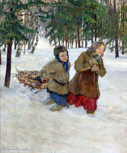 Дети везут дрова зимой по снегу - Николай Богданов-Бельский