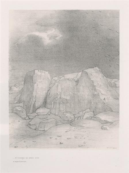 And he discerns an arid, knoll-covered plain (plate 7), 1896 - 奥迪隆·雷东