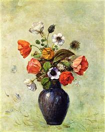 Anemones and Poppies in a Vase - 奥迪隆·雷东