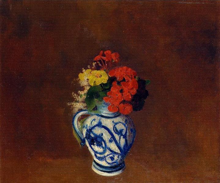 Geraniums and other Flowers in a Stoneware Vase - Odilon Redon