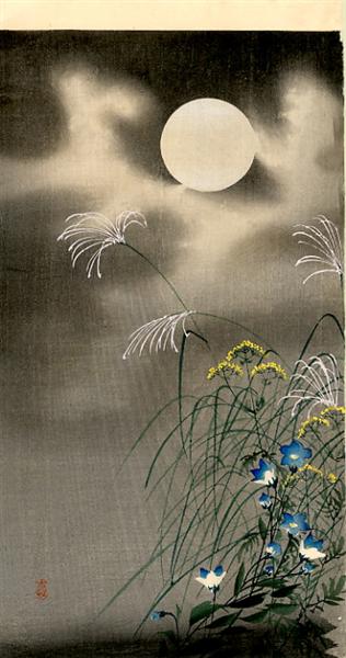 Moon and Blue Flowers - 小原古邨