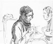 Knitting. Two women at the table - Orest Kiprenski