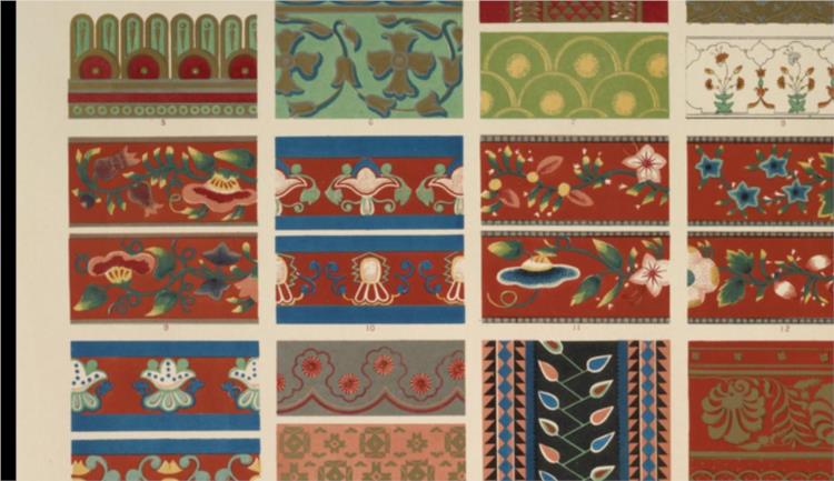 Indian Ornament no. 7. Ornaments from wooden and embroidered fabrics and painted boxes exhibited in Paris in 1855 - Owen Jones