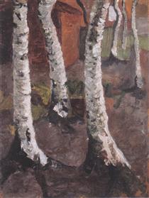 Birch trunks in front of red farmstead - Паула Модерзон-Беккер