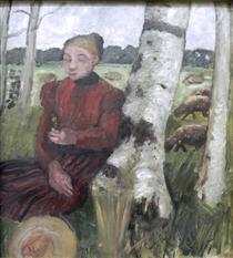 Girls at the birch tree and flock of sheep in the background - Паула Модерзон-Беккер