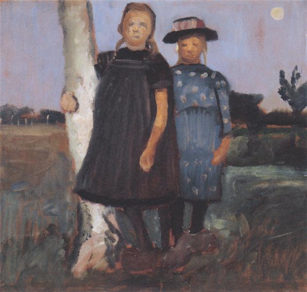 Two girls standing on the birch trunk, c.1902 - Paula Modersohn-Becker