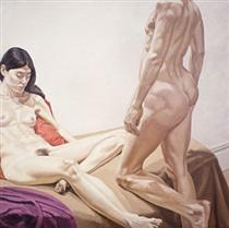 Male and Female Nudes with Red and Purple Drape - Philip Pearlstein