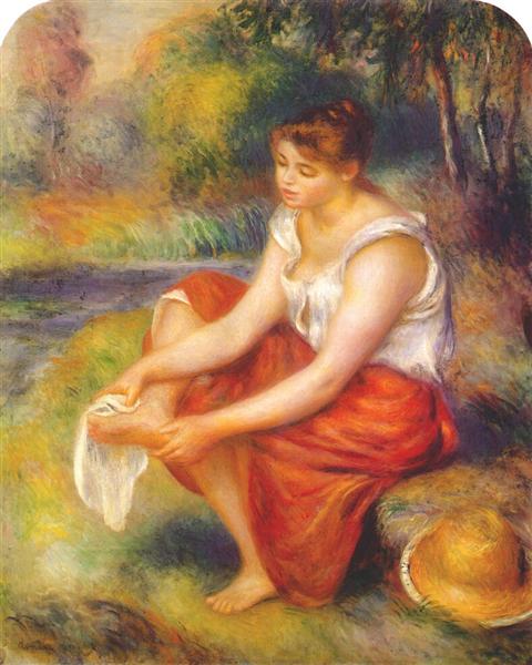 Girl wiping her feet, c.1890 - 雷諾瓦