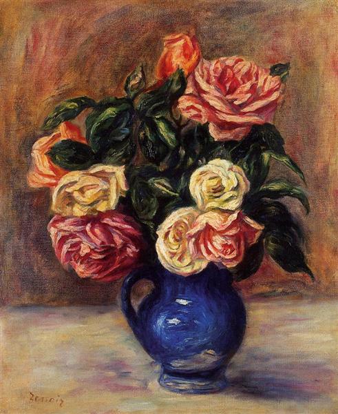 Roses in a Blue Vase, c.1900 - 雷諾瓦