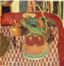 Basket and Plate of Fruit on a Red Checkered Tablecloth - 皮爾·波納爾