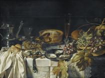 Still Life with a Pie, Basket of Grapes, Pitcher and Watch - Pieter Claesz.