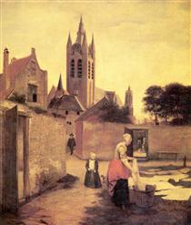 A woman and a child on a Bleichwiese - Pieter de Hooch