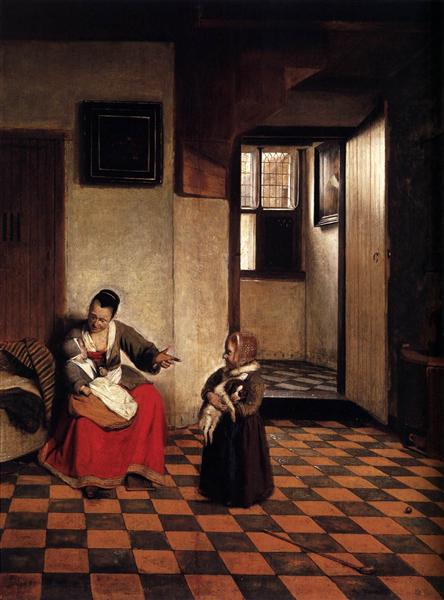 A Woman with a Baby in Her Lap, and a Small Child, 1658 - 彼得·德·霍赫