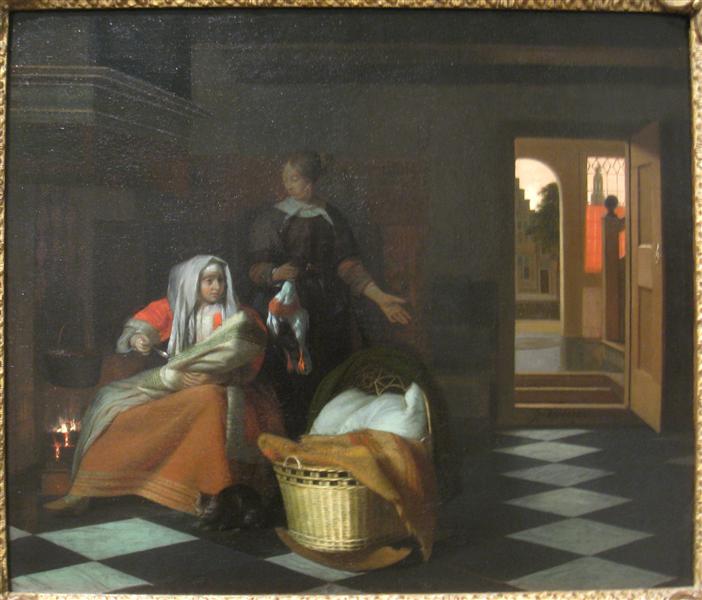 Deux femmes et un enfant avec une poule dans un intérieur - Pieter de Hooch