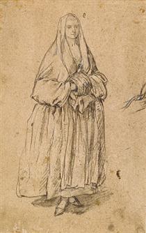 Standing Woman Holding a Muff Facing Right - Pietro Longhi