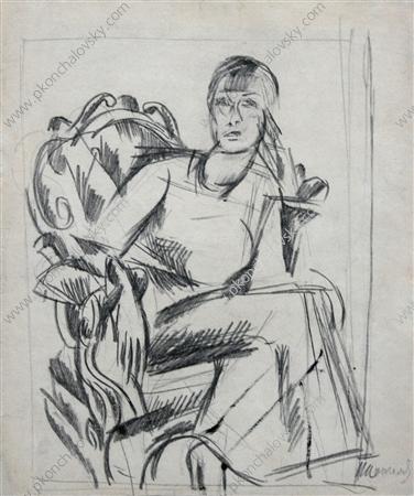A sketch of a female figure, seated in a chair for the portrait of actress Vizarova, 1917 - Piotr Kontchalovski