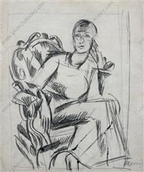 A sketch of a female figure, seated in a chair for the portrait of actress Vizarova - Pyotr Konchalovsky