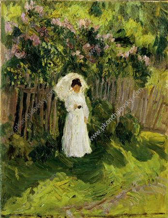 Portrait of the artist's wife, Olga Konchalovskaya. Under the umbrella in the garden., 1904 - Петро Кончаловський