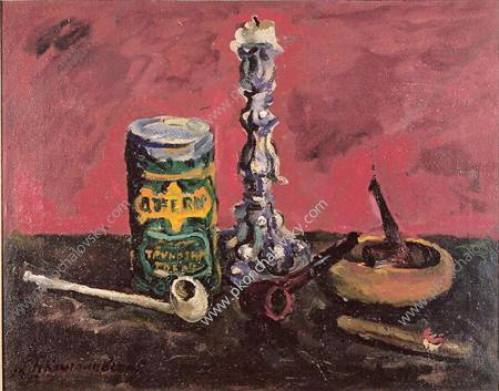 Still Life. Candlestick and the tube on a red background., 1947 - Piotr Kontchalovski