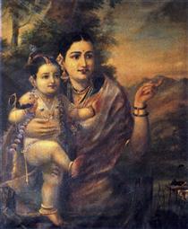 Sri Krishna, as a young child with foster mother Yasoda - Рави Варма