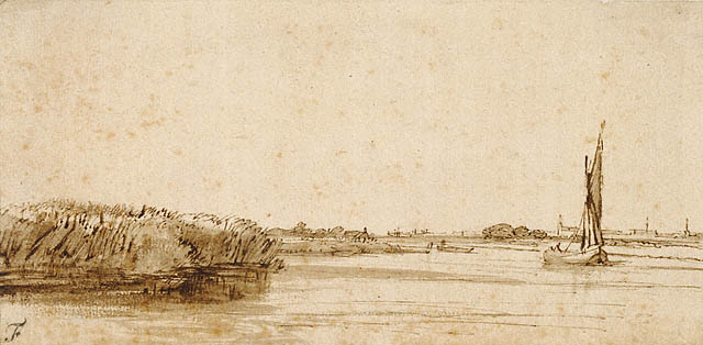 A River with a Sailing Boat on Nieuwe Meer, c.1650 - Рембрандт
