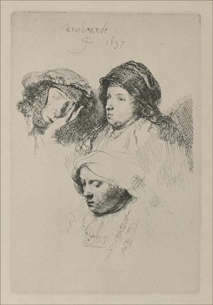Three female heads with one sleeping, 1637 - Rembrandt