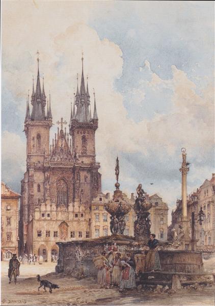 View of the Old Town Square with the Theyn Church in Prague, 1843 - Рудольф фон Альт