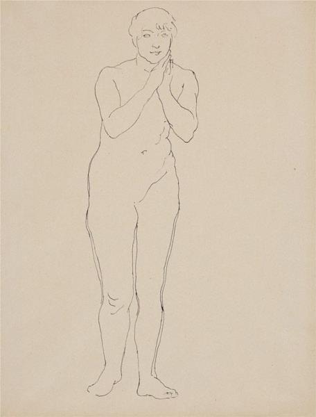 Female nude, standing, hands clasped at chin, 1930 - Rupert Bunny