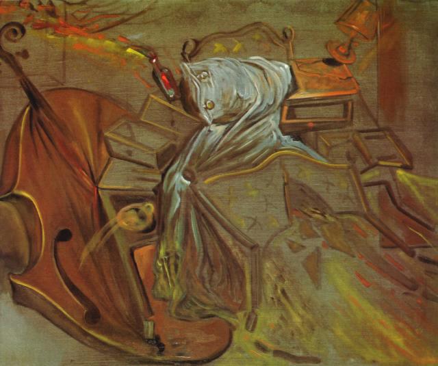 Bed and Two Bedside Tables Ferociously Attacking a Cello, 1983 - Сальвадор Далі
