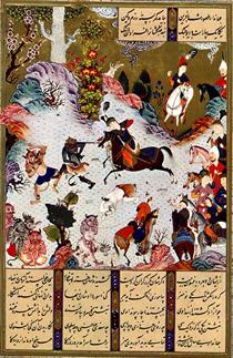 Tahmuras Defeats the Divs. Miniature from Shahname - Sultan Muhammad