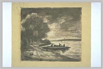 Boat near a shore lined with trees - Théodore Rousseau