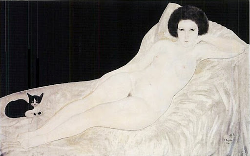 Reclining Nude with a Cat - Цугухару Фудзита