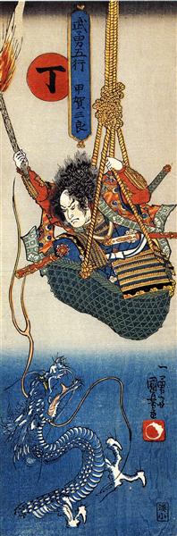 Koga Saburo, suspendeding a basket, watching a dragon - Utagawa Kuniyoshi