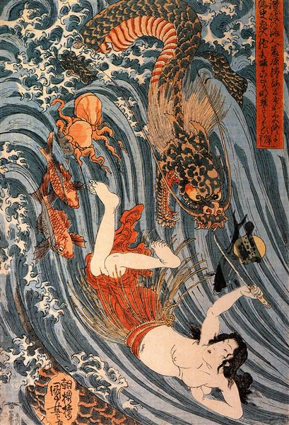 Tamatori being pursued bya dragon - Utagawa Kuniyoshi