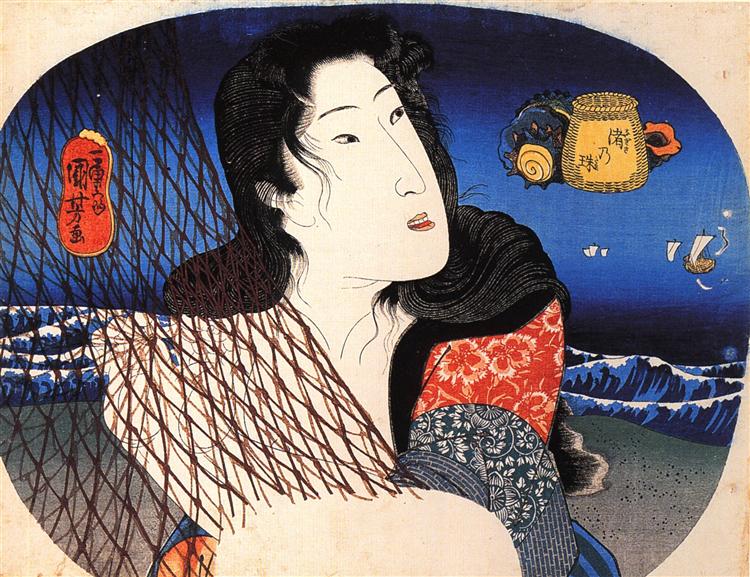 Woman mending a fish net - Утагава Куниёси