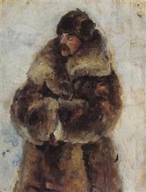 A. I. Surikov with fur coat. Study to "Taking the snow town". - Vasili Súrikov