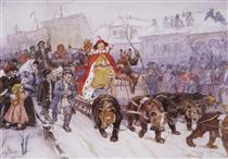 Big masquerade in 1772 on the streets of Moscow with the participation of Peter I and princer I. F. Romodanovsky - Wassili Iwanowitsch Surikow