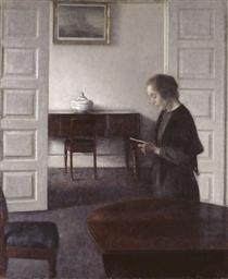 Interior with a Reading Lady - Вільгельм Хаммерсхьой