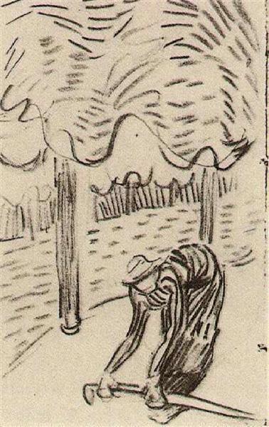 A Woman Picking Up a Stick in Front of Trees, 1890 - 梵谷
