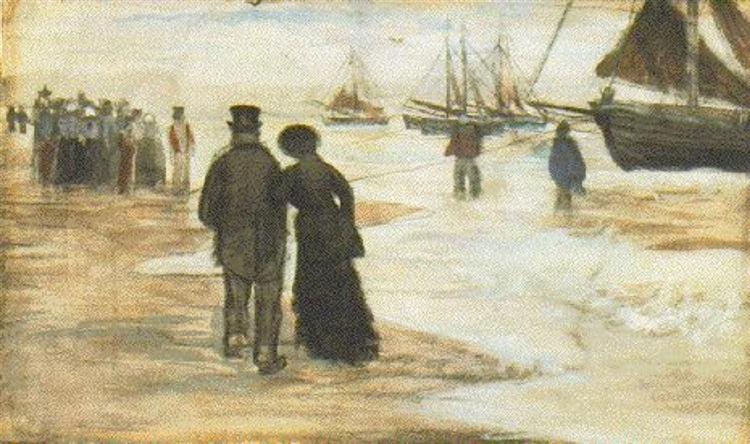 Beach with People Walking and Boats, 1882 - 梵谷