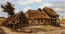 Cottage with Decrepit Barn and Stooping Woman - 梵谷