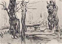 Garden of the Asylum and Tree Trunks and a Stone Bench - Vincent van Gogh