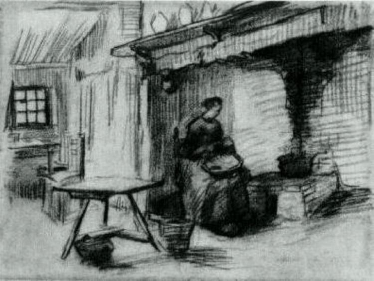 Interior with Peasant Woman Sitting near the Fireplace, 1885 - 梵谷