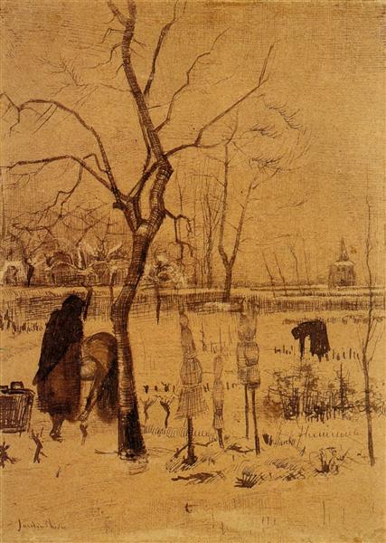 Parsonage Garden in the Snow with Three Figures, 1885 - 梵谷