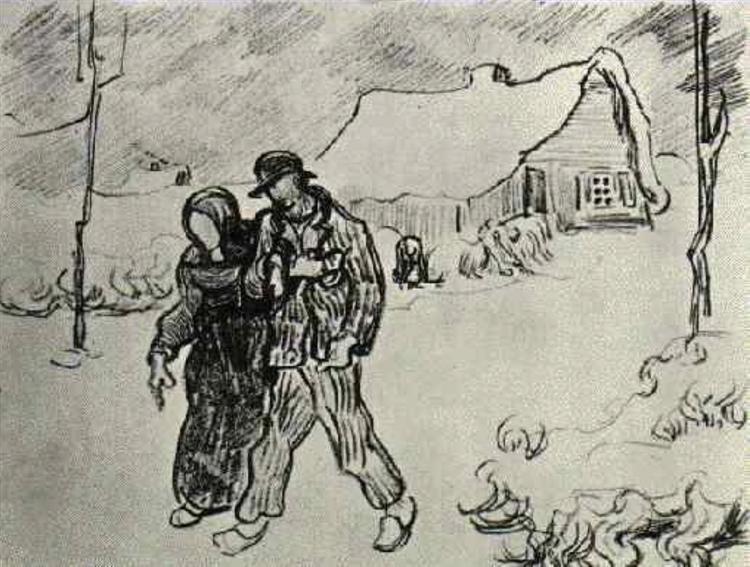 People Walking in Front of Snow-Covered Cottage, 1890 - Vincent van Gogh