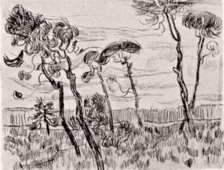 Pine Trees in Front of the Wall of the Asylum, 1889 - Винсент Ван Гог